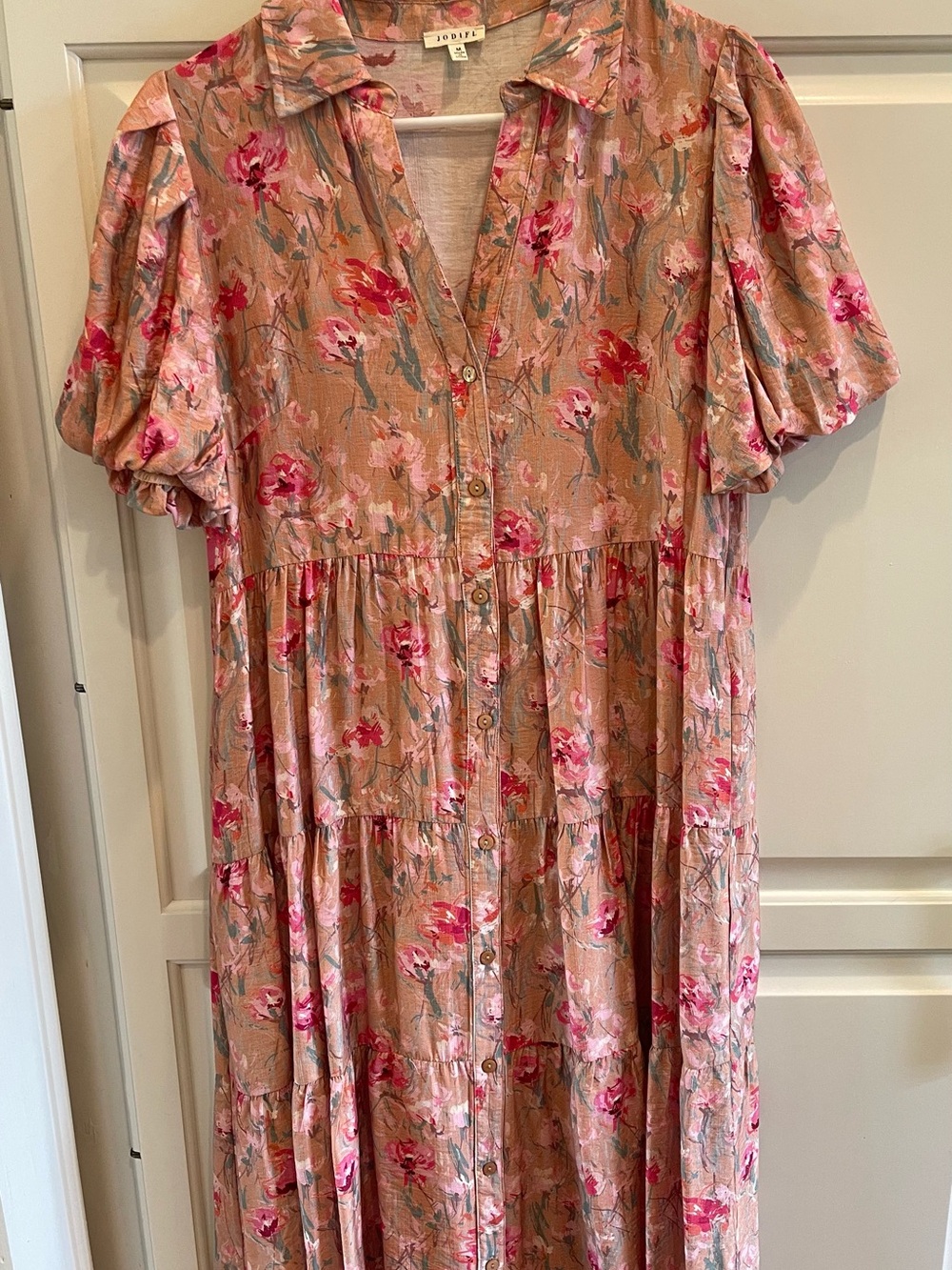 JODIFL Dusty Pink Floral Tiered Button-Front Maxi Dress